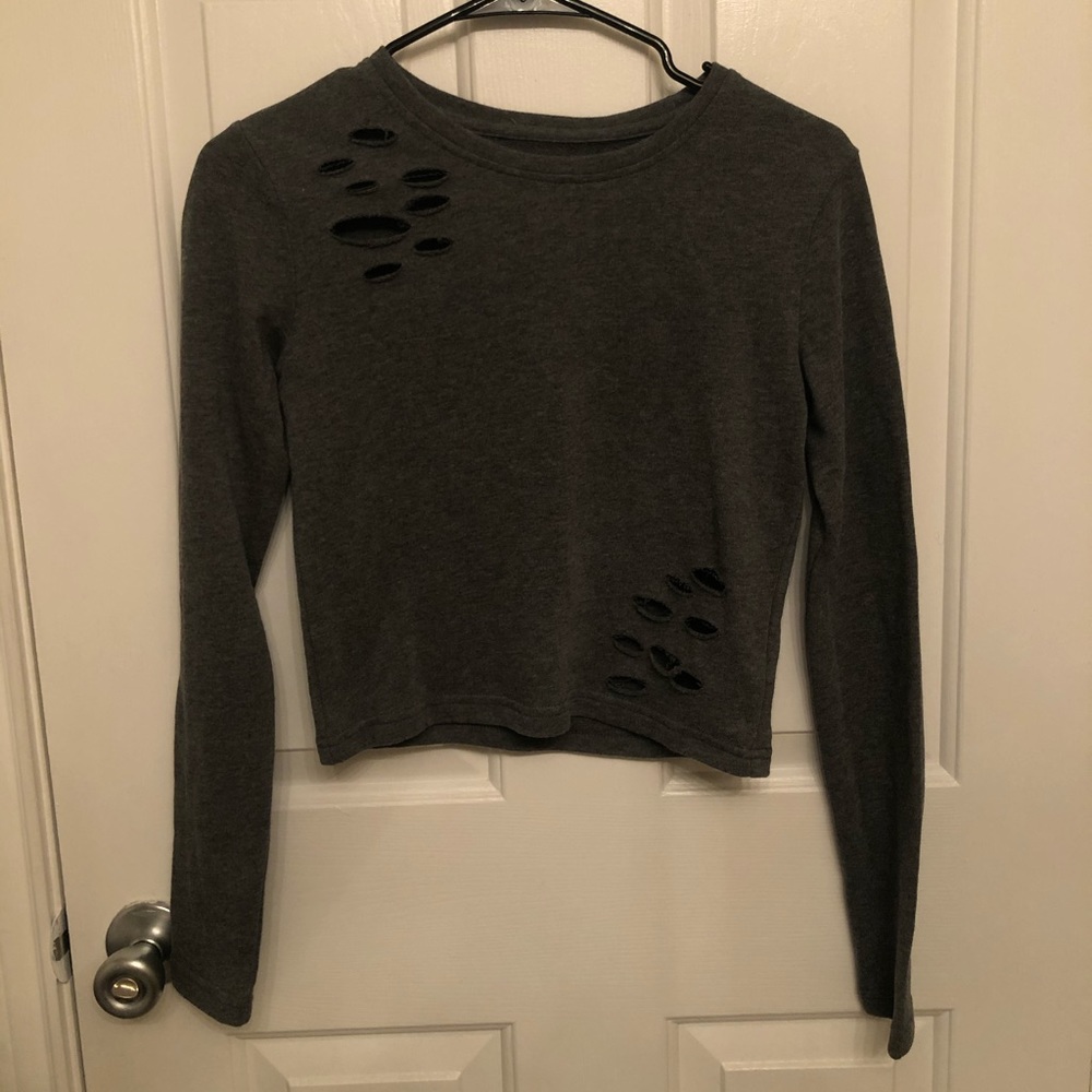 Grey Distressed Alphalete Long Sleeve Crop Top